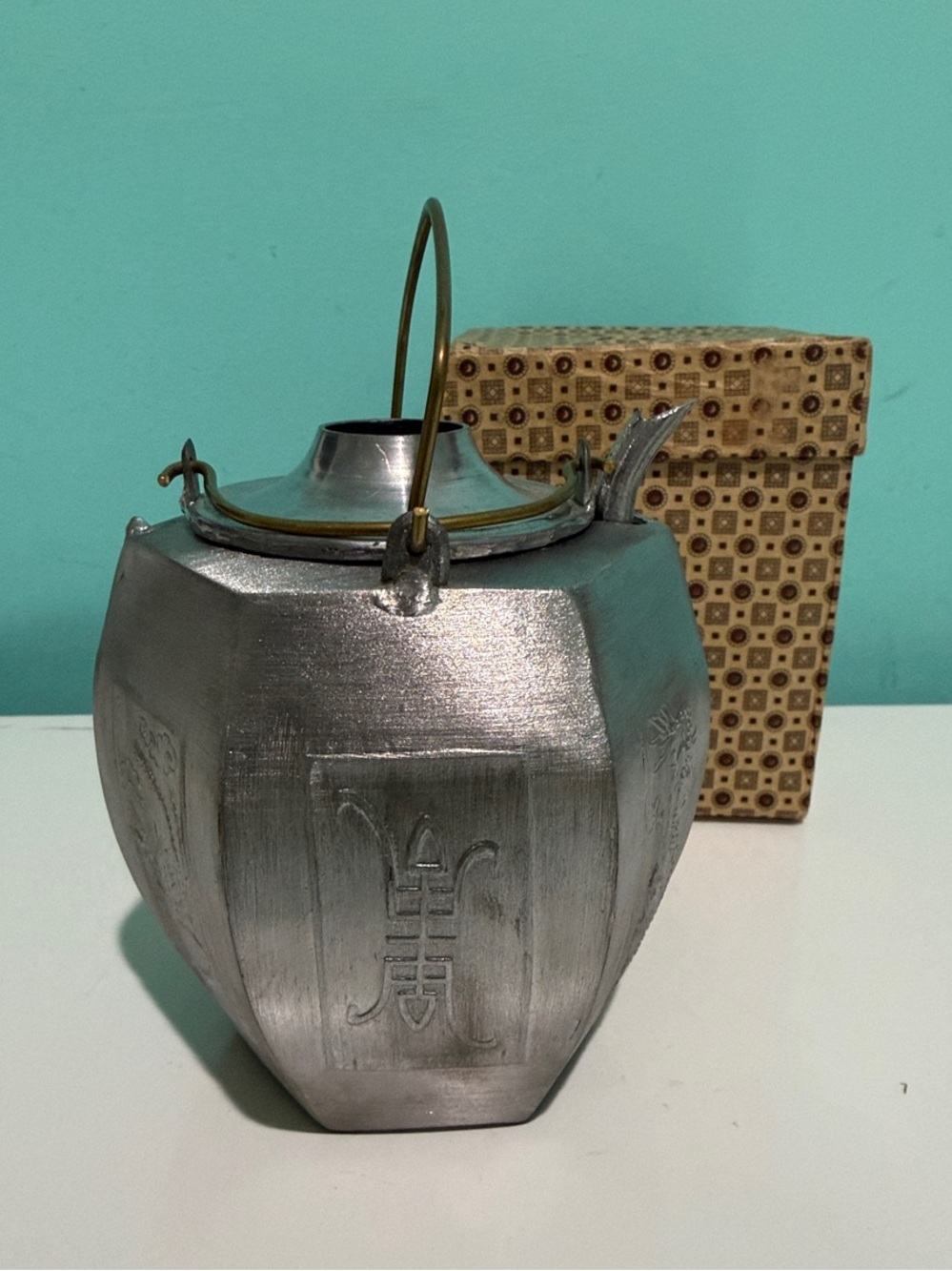 Vintage Pewter Tin Tea / Sake Pot, hexagon shape and double layer